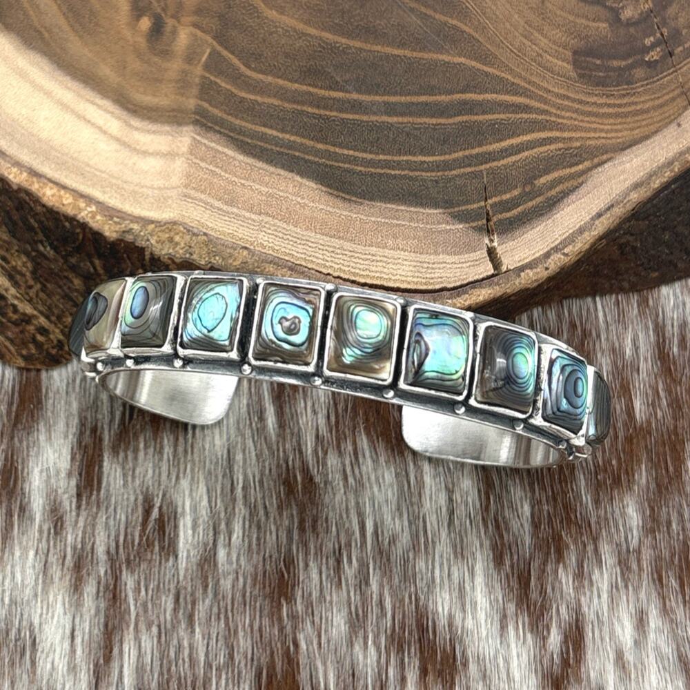 FEDERICO JIMENEZ Sterling Silver Abalone 15-Stone Cuff Bracelet Stamps 0.5" Wide